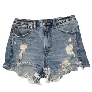 ABERCROMBIE & FITCH Mom Shorts Womens 28/6 Blue Denim High Rise Cut Off Raw Hem